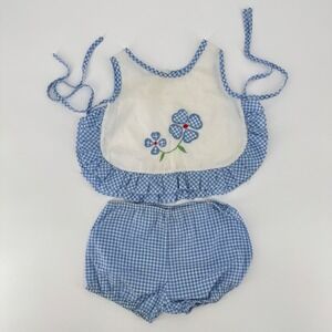 Vintage Kmart Baby Girls 12M Blue Gingham Floral Pinafore Top Bloomers Set 2PC
